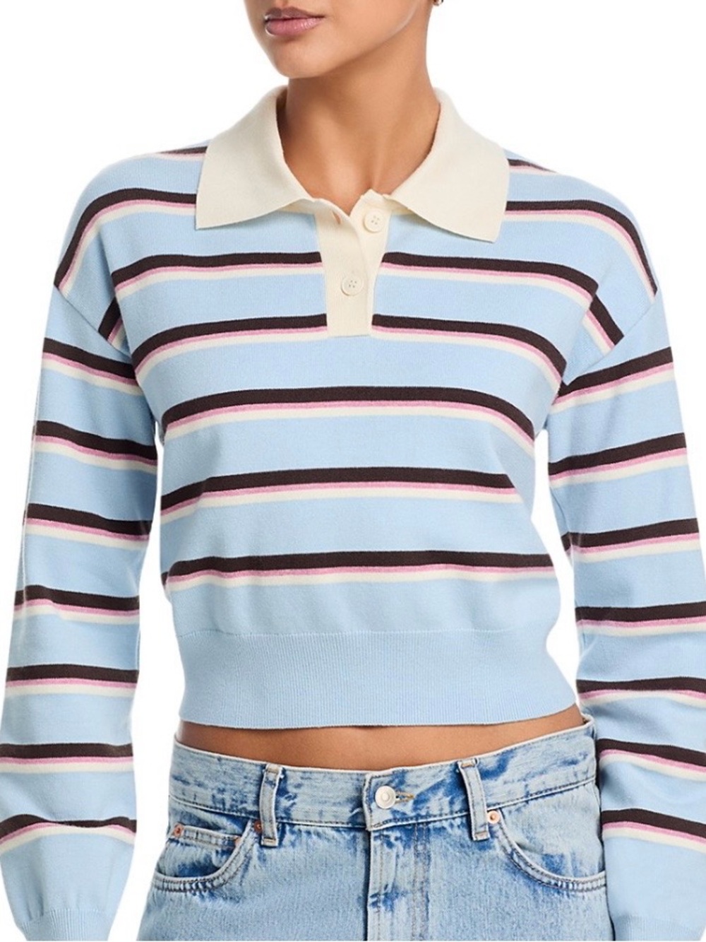 Aqua for Bloomingdales Cream Collar Striped Crop Polo sweater Top in Light Blue